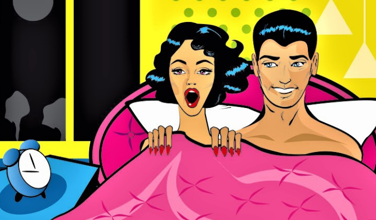 cartoon couple in bed