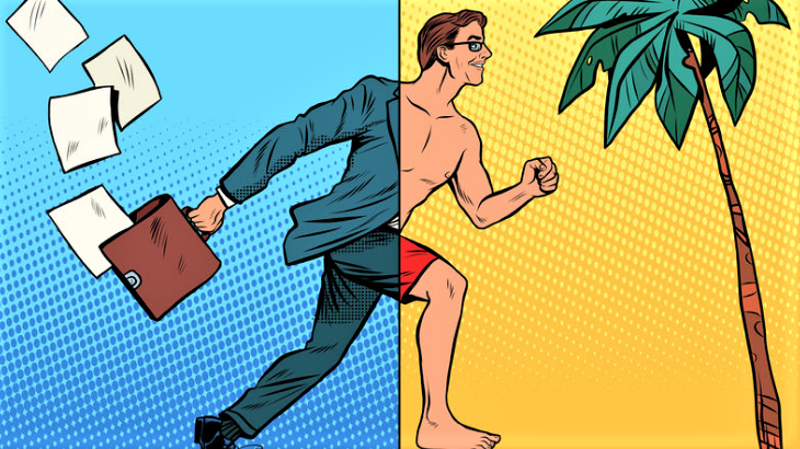 man running from work to beach